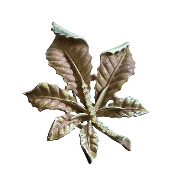 Vintage Signed BSK Goldtone Leaf Brown Painted Rhinestone Detail 2 3/4" - Picture 2 of 5